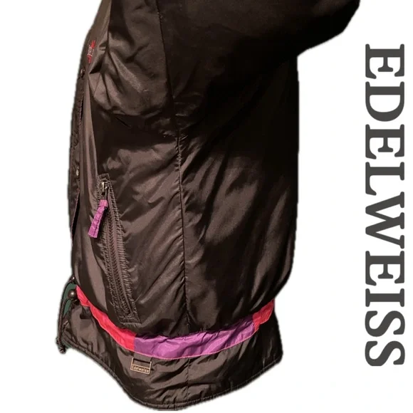 VINTAGE 80s 90s Edelweiss Skiwear Puffer Ski Jacket Snow Parka Black Pink Purple